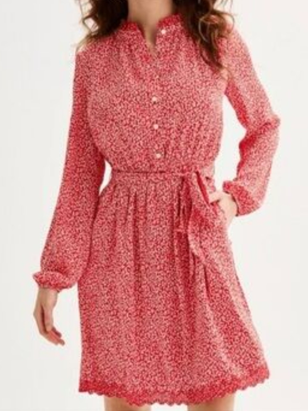 Draper James Coral-Red Floral Long-Sleeve Tie-Waist Dress